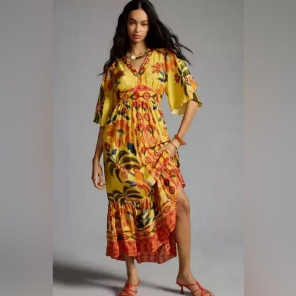 Anthropologie Size M Farm Rio Printed V Neck Ruffle Hem Dress Medium